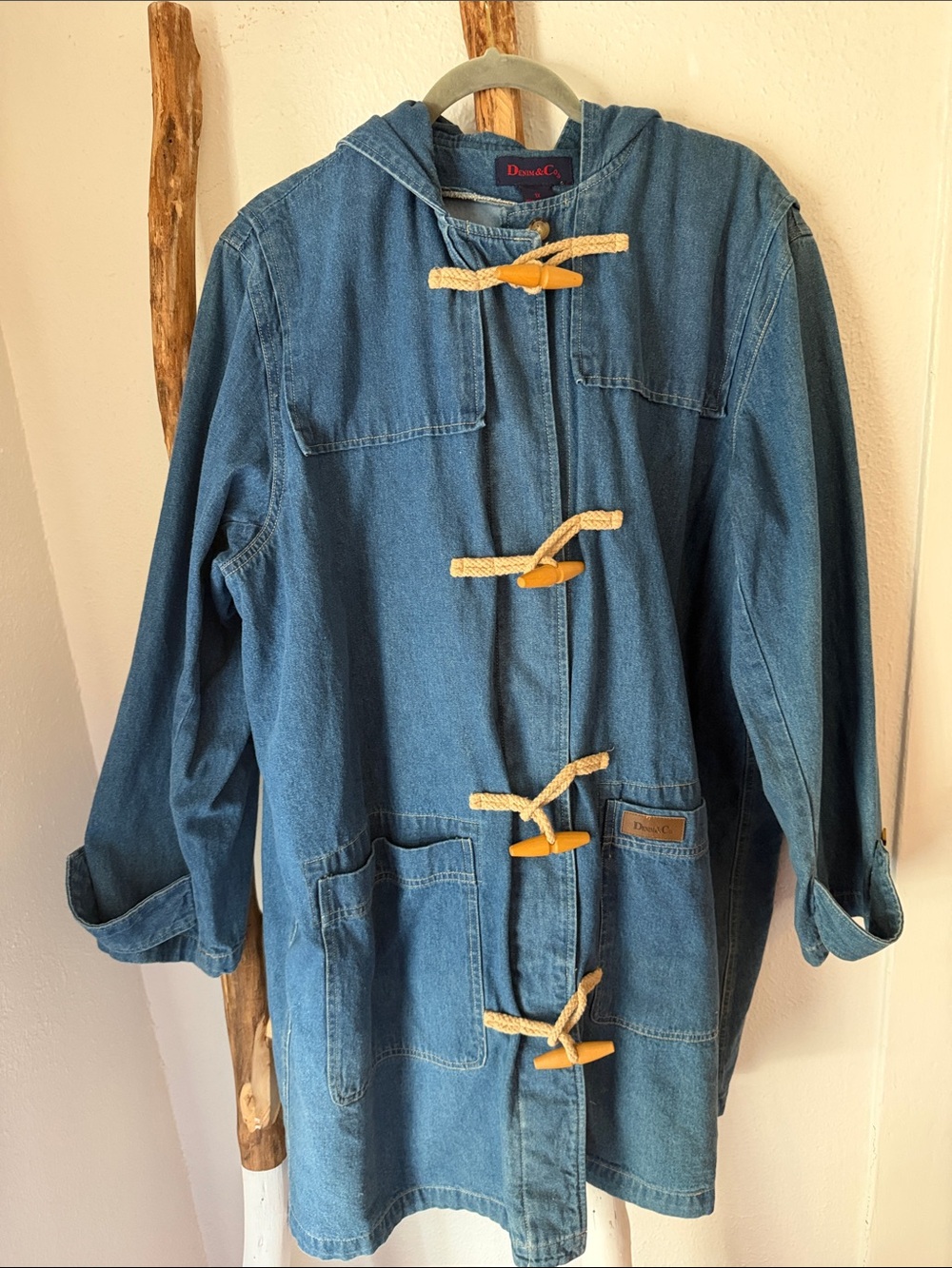 Denim&Co Blue Hooded Jean Jacket with Toggle Closures